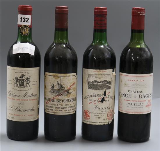 One bottle of Chateau Beychevelle, 1975, one Chateau Lynch Bages 1979, one Chateau Grand Puy Lacoste 1975 and one Chateau Montrose, 197